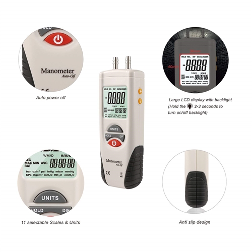 Digital Manometer Dual Port Input Air Pressure Meter HVAC Gas Pressure  Tester